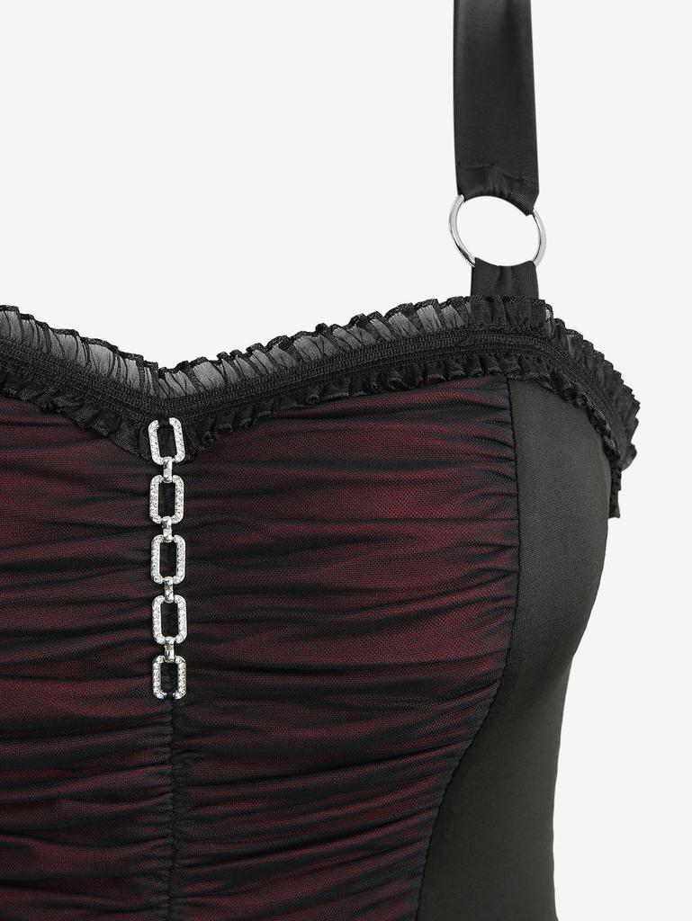 Rosegal Übergröße Gothic Rosenblumen Totenköpfe Print Geraffte Rüschen Ketteneinsatz Spitze Besatz Tankkleid