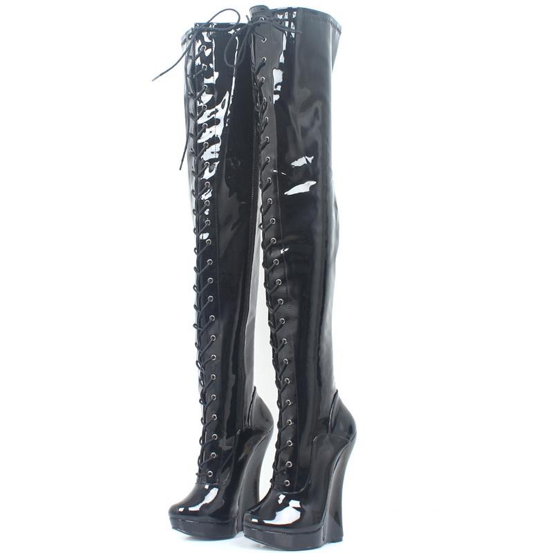 

Модные FHC Экстремально Высокие 7 /18СМ Клиновидные Каблуки Ботфорты, Лакированные Ботфорты до Бедра, Кружевная Сексуальная Платформа На Молнии Балетки, Черные 44