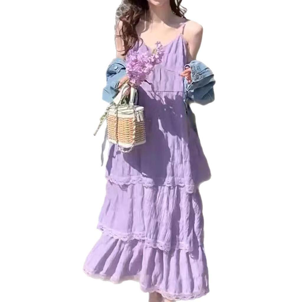 French super fairy V-neck mid-length slip cake dress women's new Korean version of the seaside resort beach dress