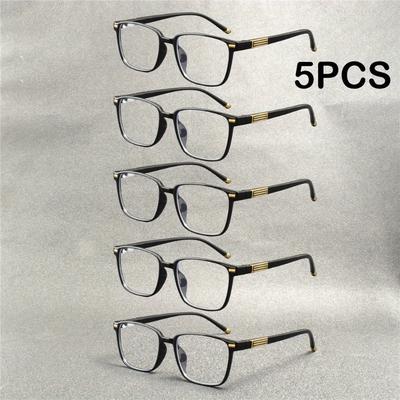 5pcs Reading Glasses Full-Rim Square Frames Black with Golden Accents Vintage Style Non-Prescription Lens Replacement Glasses