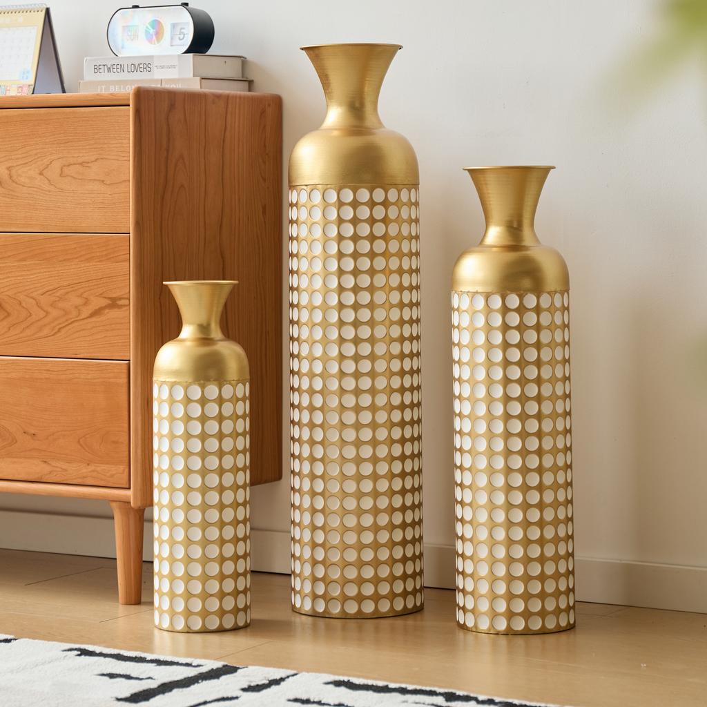 3-Piece gold metal floor vase set with white dot pattern, vases for dried flowers pampas grass, luxury home decor for living room hotel, not wat