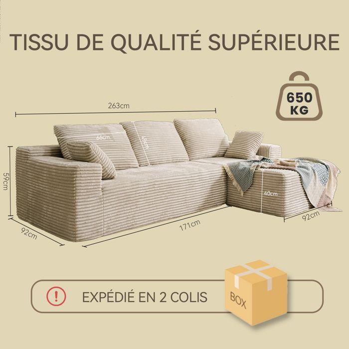 Right Corner Sofa 263x171x 59cm, Free Combination, Without Assembly 4-seater L-shaped Sofa with Beige Corduroy Chaise Longue