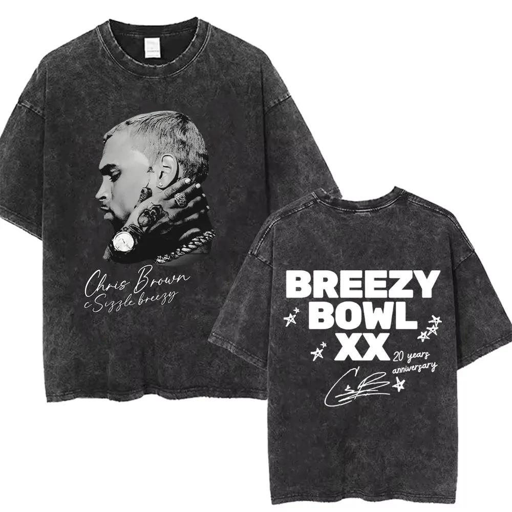 Rapper Chris Brown Breezy Bowl XX Tour  Vintage Washed Tshirts Men Women Hip Hop Fashion T Shirts Male Cotton Retro Tshirt