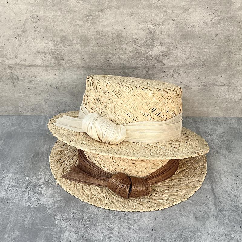 25 Light Luxury Hand-Woven Raffia Flat Top Straw Hat Women'S Summer Travel Simple Top Hat Sun Hat