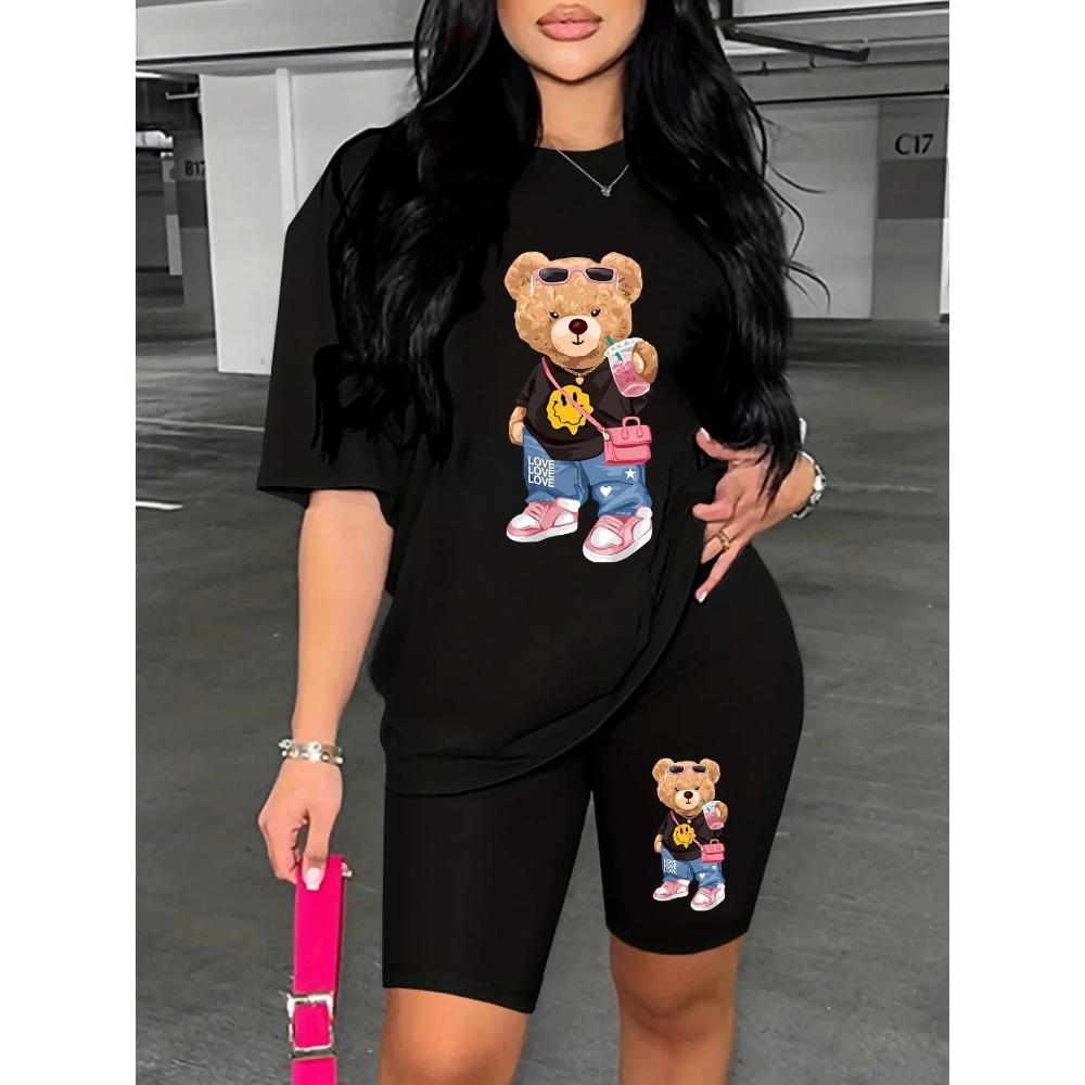 Summer Women's Bear Cartoon Print Casual Loose Round Neck Short Sleeved T-shirt