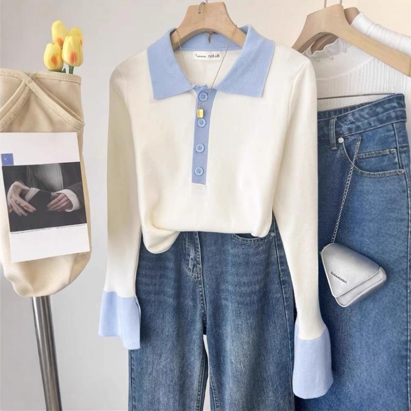 Polo Lapel Sweater Bottoming Shirt Women's Autumn and Winter Senior Sense Slim and Thin Knitted Sweater Contrasting Color Inner Top