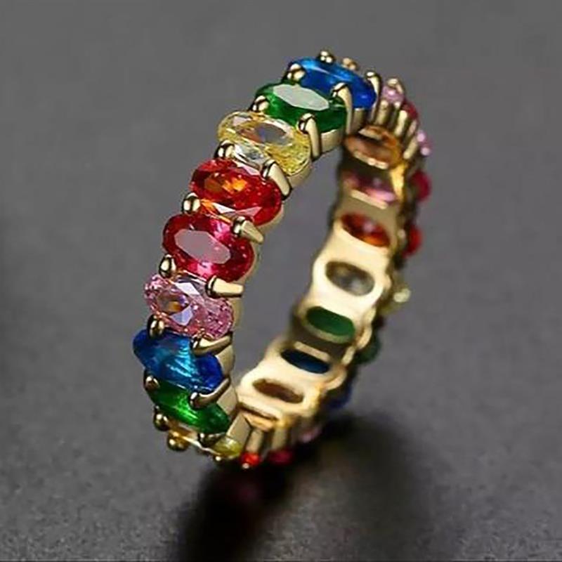 Fashion Rainbow Oval CZ Eternity Women Ring Stackable Band Accessories Daily Wedding Cocktail Fashion Lady Jewelry Gift