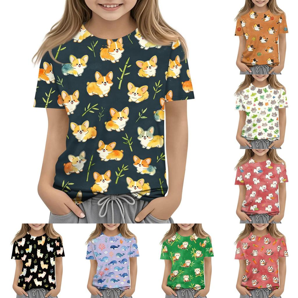 Kids Animal Print Crew Neck Short Sleeve Casual Loose Fit T Shirt Top Lightweight Soft Fabric Comfortable Wear
