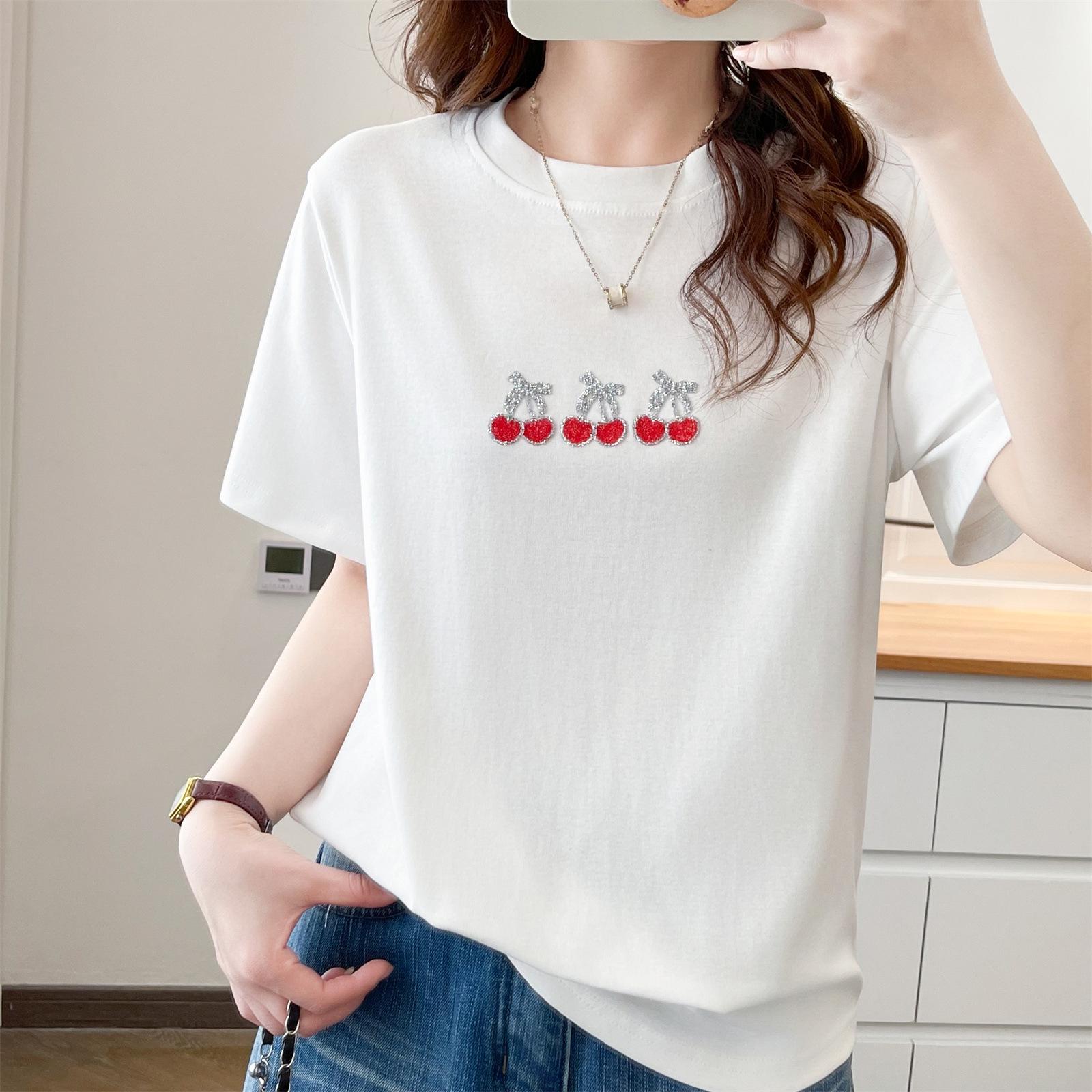 

Plus Size Rhinestone Cotton T-shirt - Slimming Short Sleeve Summer Fashion Top for Women XL білий