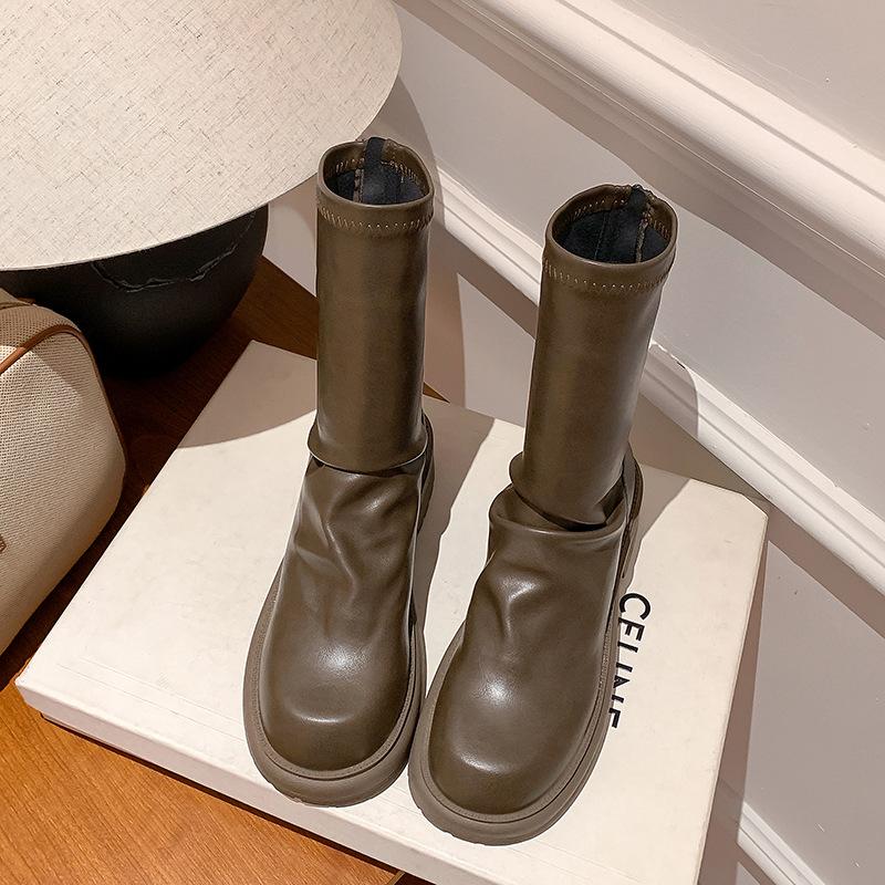 Cowhide Model of the Same Style, Thick Heel, Thick Sole, Thin Boots, Round Head, Folded Back Zipper, Stacked Short Boots, Women's Genuine Leather.