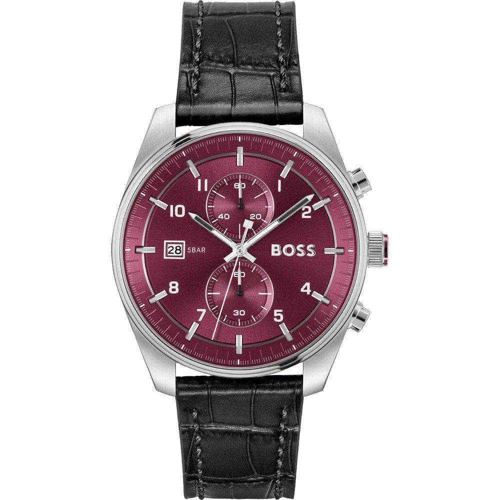 BOSS Skytraveller Red Dial Black Leather Men's Quartz Watch 1514193