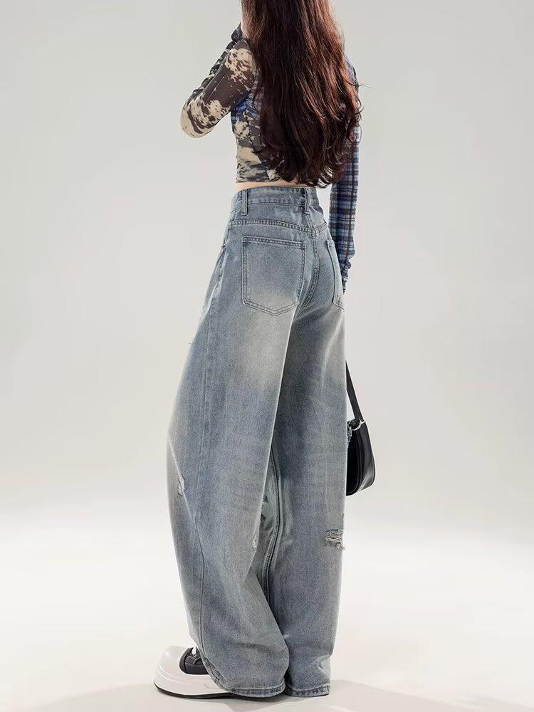 2025 Women's American Style Ripped Wide-Leg Floor-Length Jeans - Loose, Retro, Versatile for Spring and Autumn