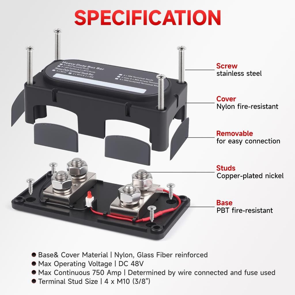 M10 4 Terminal Power Distribution Block Bus Bar 12-48V 750A for Automobile Boat RV Screw Terminal Power Distribution Block
