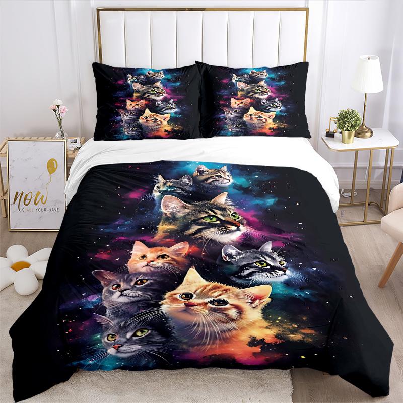 3pcs Galactic Cosmic Cat Print Cover Set Ultra Soft, Breathable, and Comfortable Bedding with Stylish Design for Bedroom and Guest Room Decor 1 C