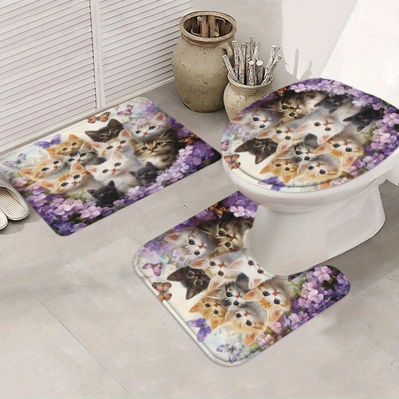 1/4 buc Lux Pisică și Fluturi Impermeabil Perdea de Duș Set Decorativ Baie Set Covor Antiderapant Covor Toaletă Capac Baie și 12 Cârlige