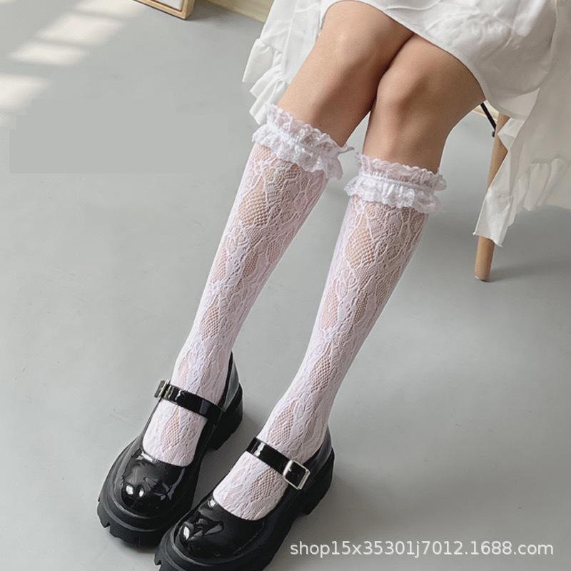 Solid Color Bowknot Hollow Lace Stockings Woman Summer Middle Tube JK Lolita Cute Socks Black White Fishnet Stockings for Women