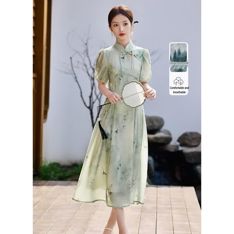 XWI Lyocell New Chinese Style Stand Collar Printed Qipao Dress M