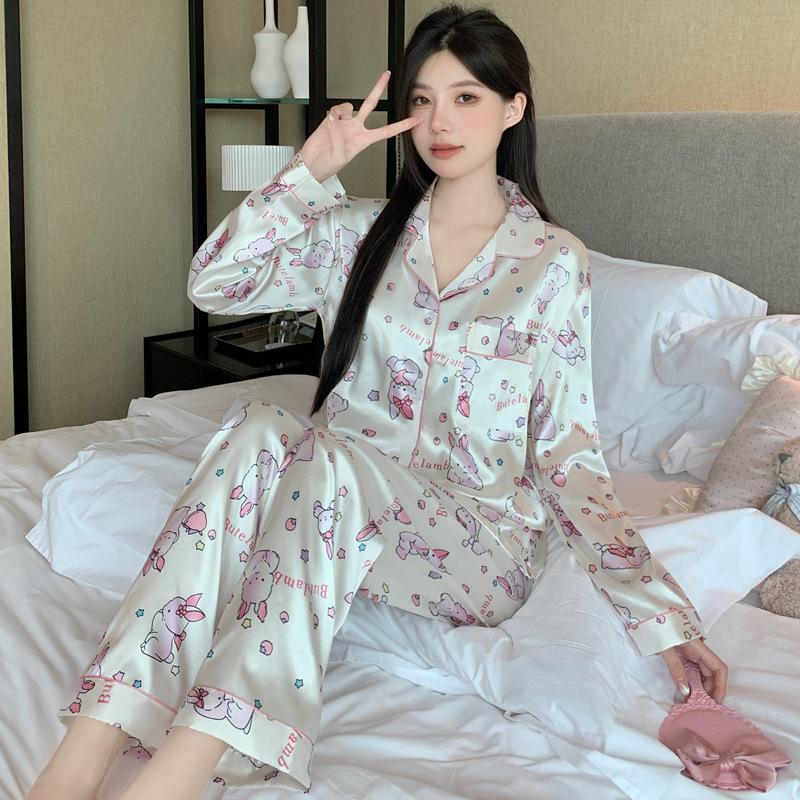 Cute Bunny Cartoon Ice Silk Pajamas Women'S Spring And Autumn Thin Long-Sleeved Trousers Two-Piece Loungewear