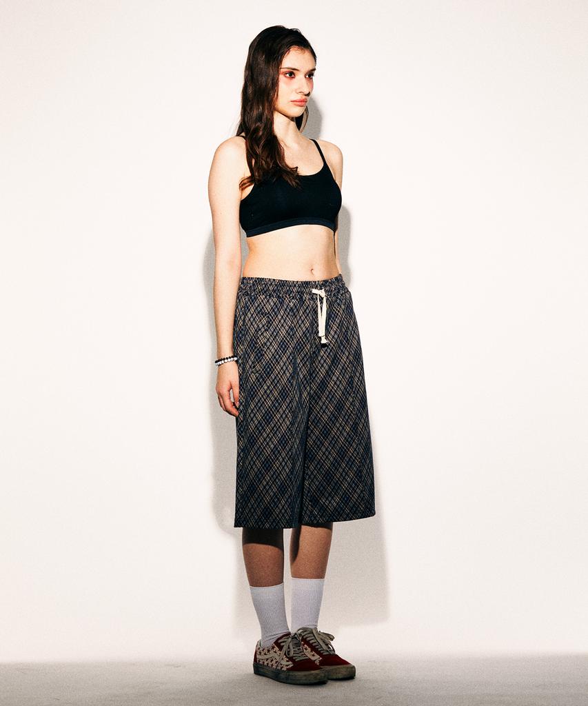TONSIL Vintage Check Elastic Waist Bermuda Pants Navy