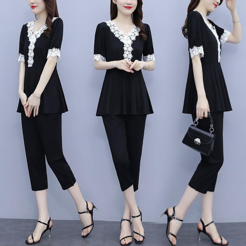 Fashion Large Size Fat Suit for Women Summer Temperament Belly-covering Lace Top Two-piece Set