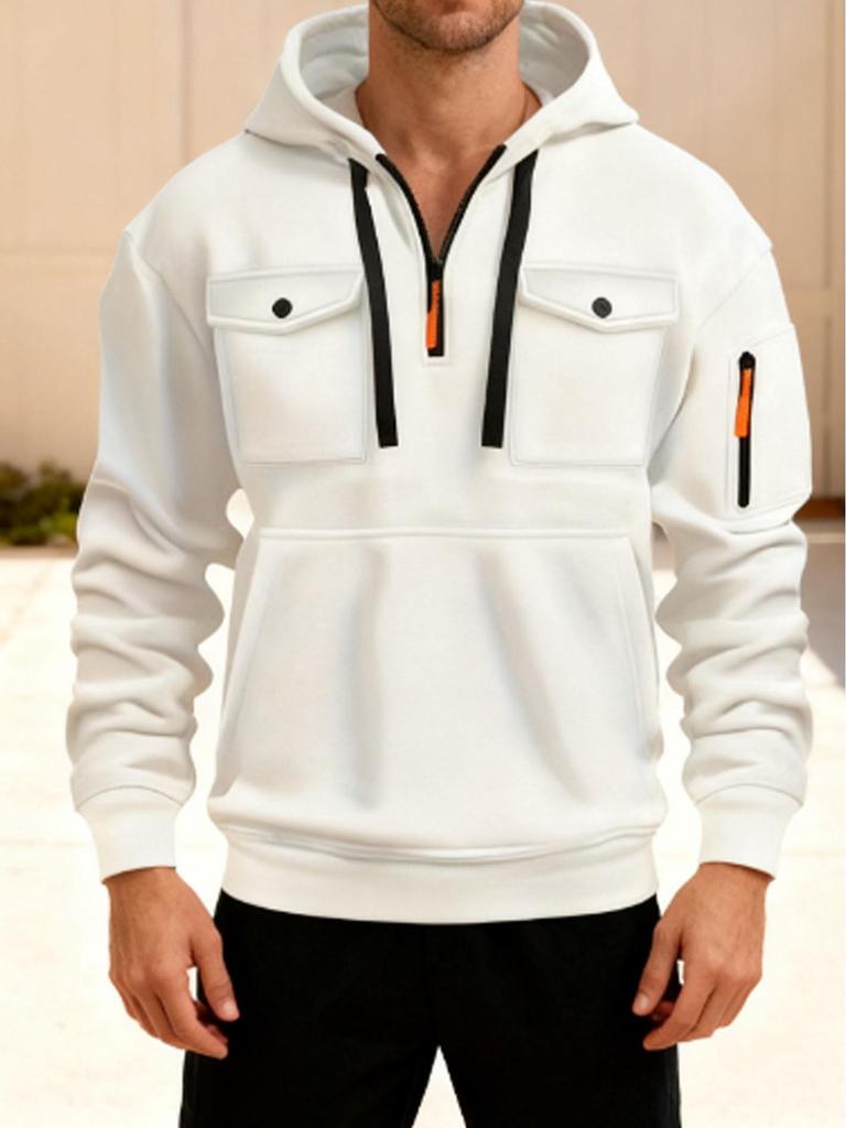 Men's Fleece Hooded Sweatshirt with Dual Chest Pockets - Casual, Trendy Zipper Pullover for Autumn and Winter