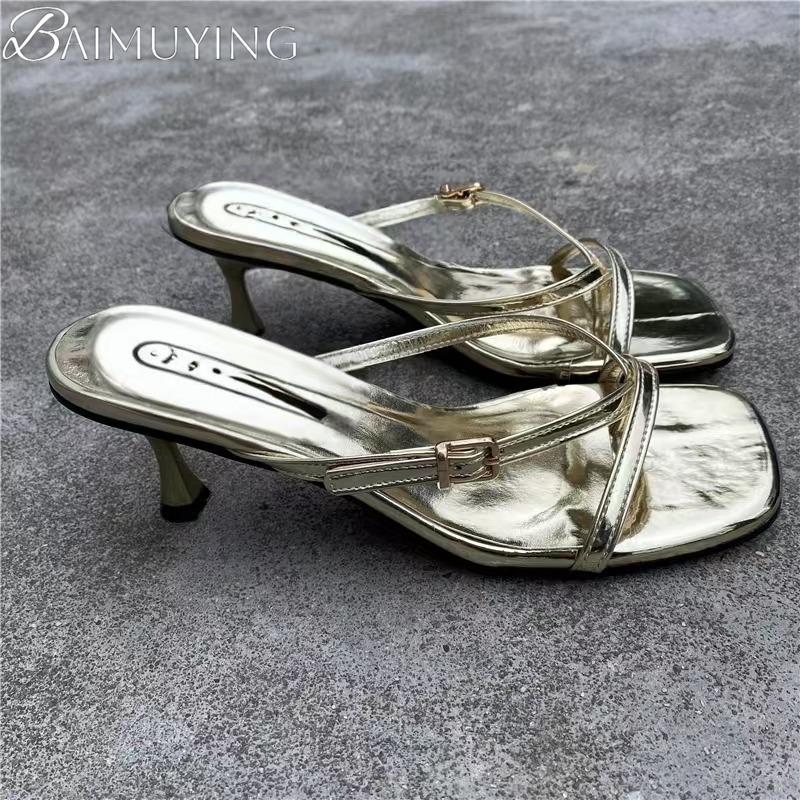 Fashion Women Slippers Square Toe Flip Flops Loafers Casual Shoes Woman Heeled Sandals Summer 2025 Trend Luxury Dress Clip Toe Slides