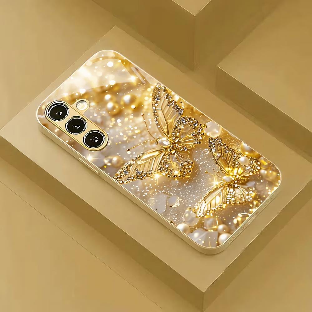 Butterfly Electric Gold Plated Glass Phone Case Suitable for Samsung GalaxyS26 S25 S24 S23 S22 S20FE/Ultra/Plus Anti Fingerprint