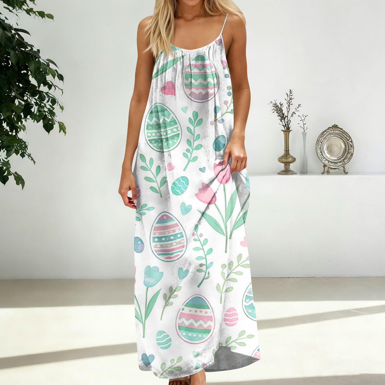 

Women s Fashion Backless Spaghetti Strap Casual Loose-Fit Easter Print Dress XL білий