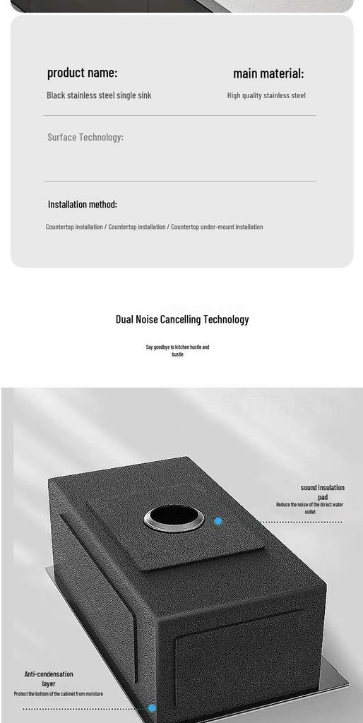 Stainless Steel Black Nano Large Single Bowl Kitchen Sink for Vegetables, Dishwashing, and Handwashing, Thickened Handmade Design