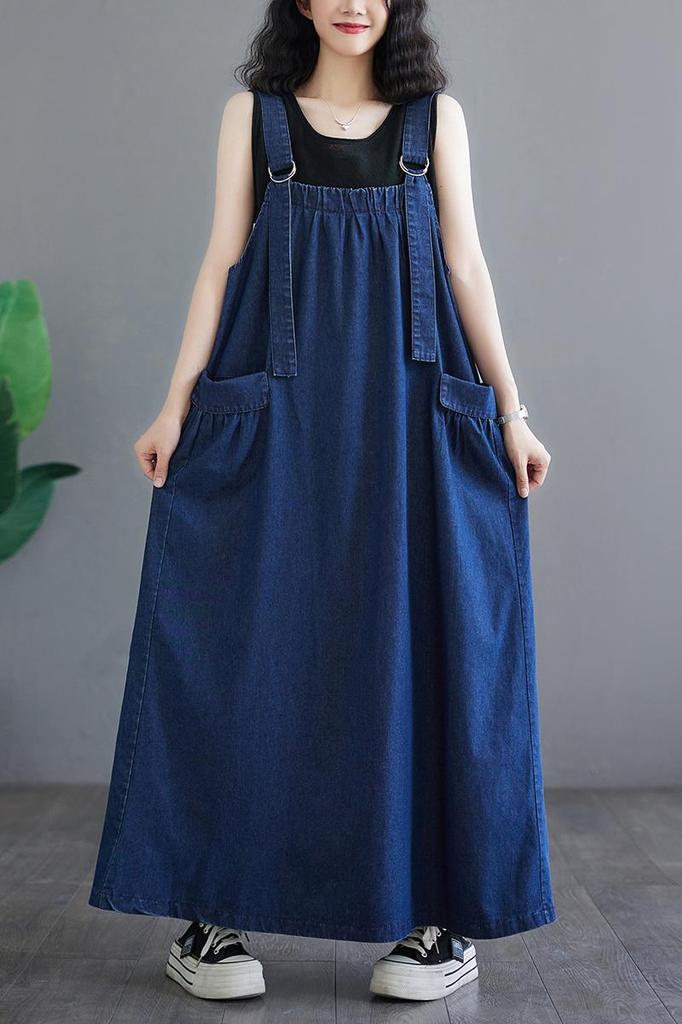 New spring, summer and autumn long dress retro loose and thin denim strap skirt long pendulum dress women's tide