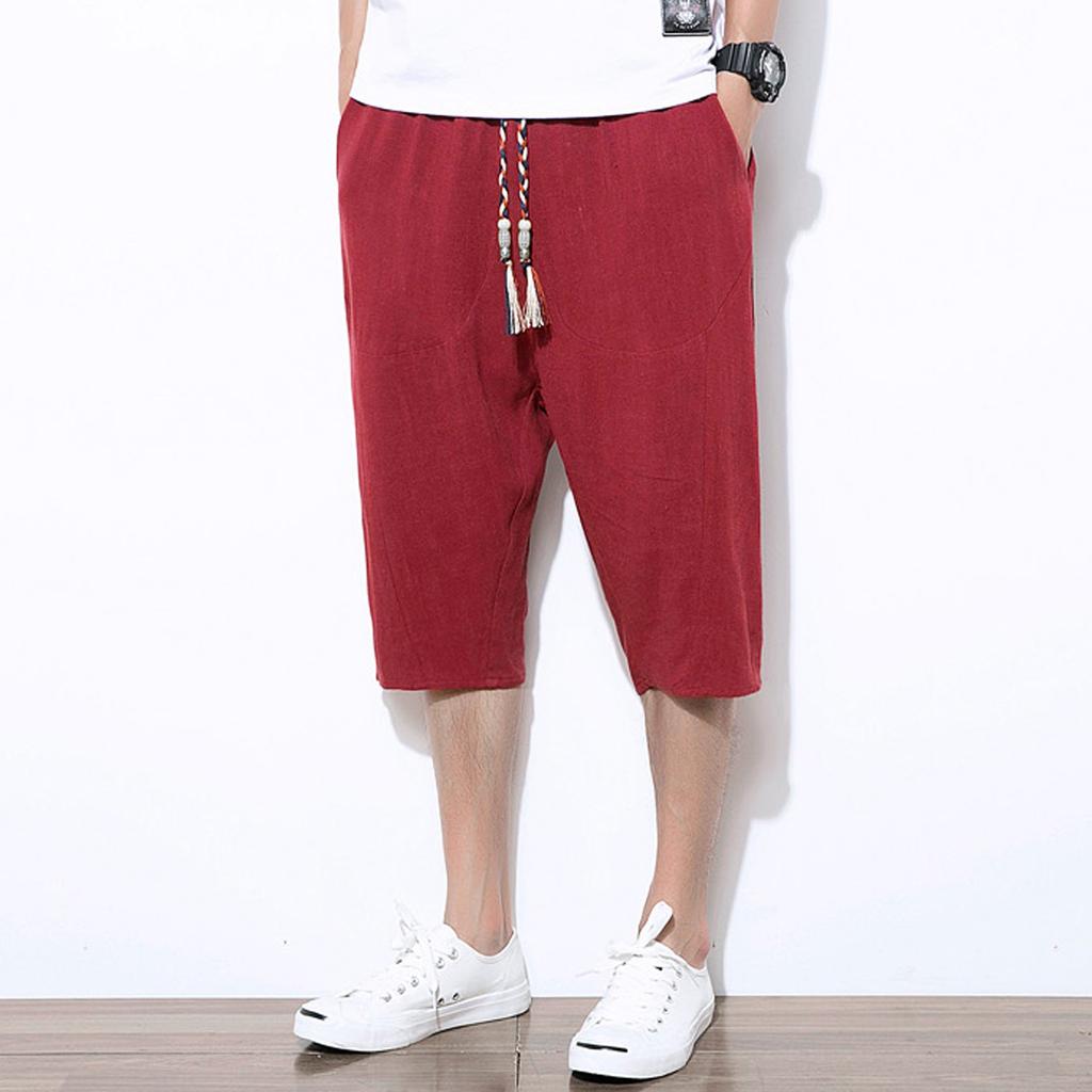 Men's Casual Solid Color Cotton Linen Lightweight Comfortable Casual Shorts Cropped Pants