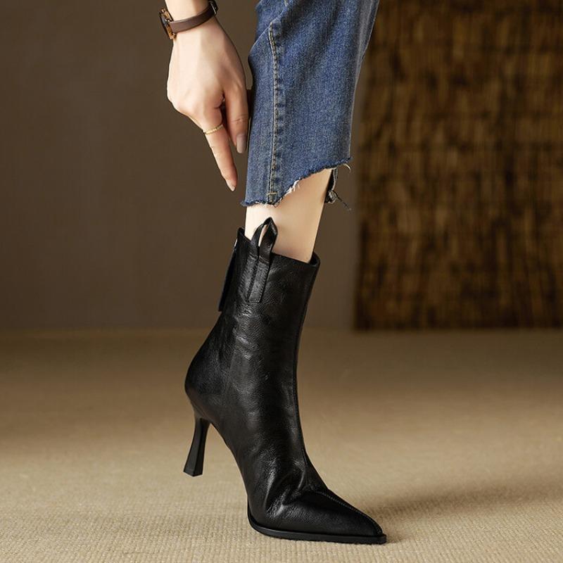Pointed-toe Shoes, High-heeled Boots, Women's Shoes, Thin Heel, Soft Leather, Versatile, Short Boot