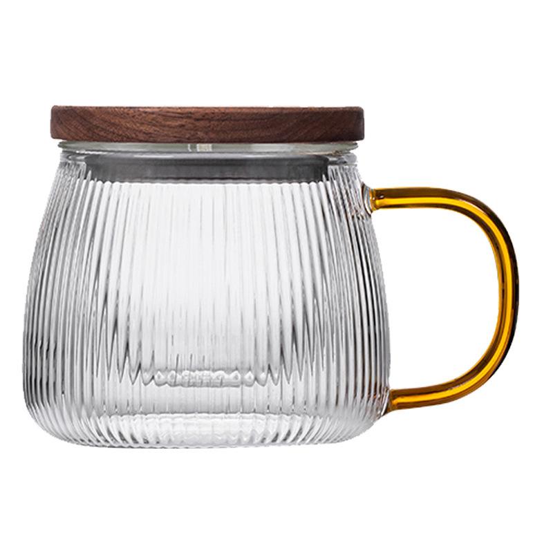 Japanese 400ml Stripe Heat Resistant Glass Tea Water Separation Tea Cup Kung Fu Tea Set Filter Tea Mug with Wooden Lid Drinkware