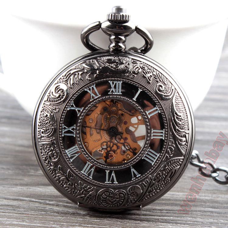 Large Mechanical Pocket Watch Fashion Classic Retro Black Hollow Roman Men'S And Women'S Pendant Watch