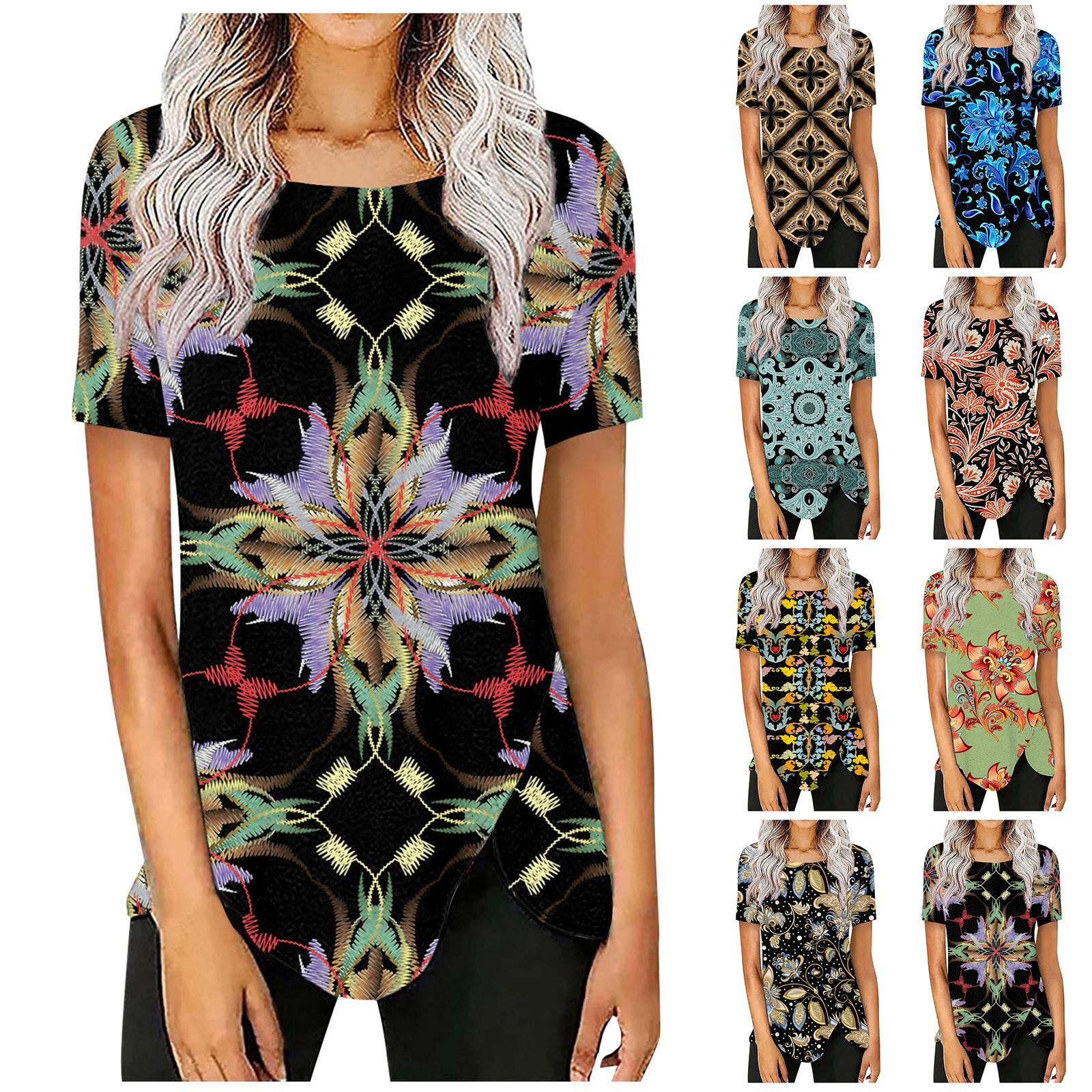 

Женская повседневная модная футболка с коротким рукавом и нерегулярным подолом с круглым вырезом и принтом, топ