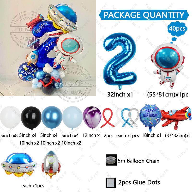 Astronaut Rocket Balloon Blue Space Theme 32inch Number Balloon Set Birthday Party Decoration Children's Baptismal Balloon Gifts
