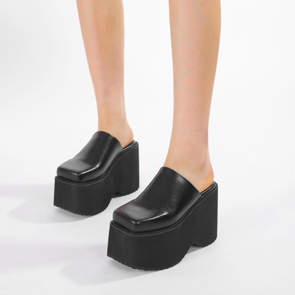 Gdgydh Fashion Square Toe Platform Mules Black PU Slip-On Loafers Thick Heels Comfortable Summer Footwear for Women Slippers