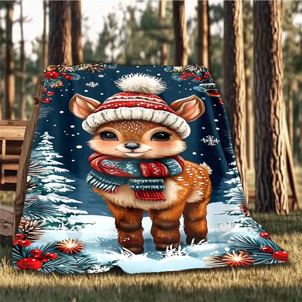 1pc Winter Deer Outdoor Personalized Flannel Blanket, Soft, Lightweight Personalized Flannel Blanket, Digital Printing,