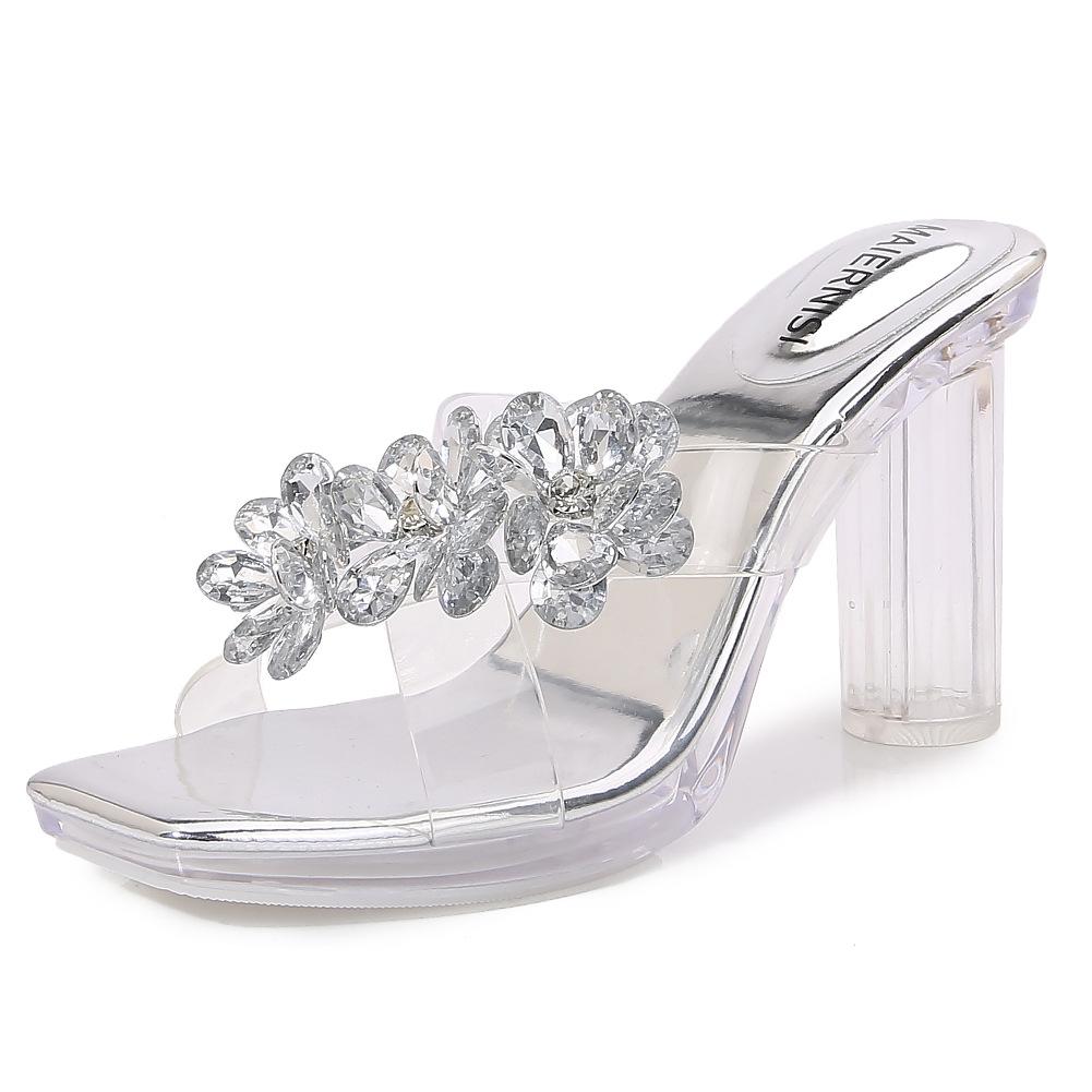 New women's rhinestone flower sandals foot cover transparent waterproof table banquet party sandals large size high heels