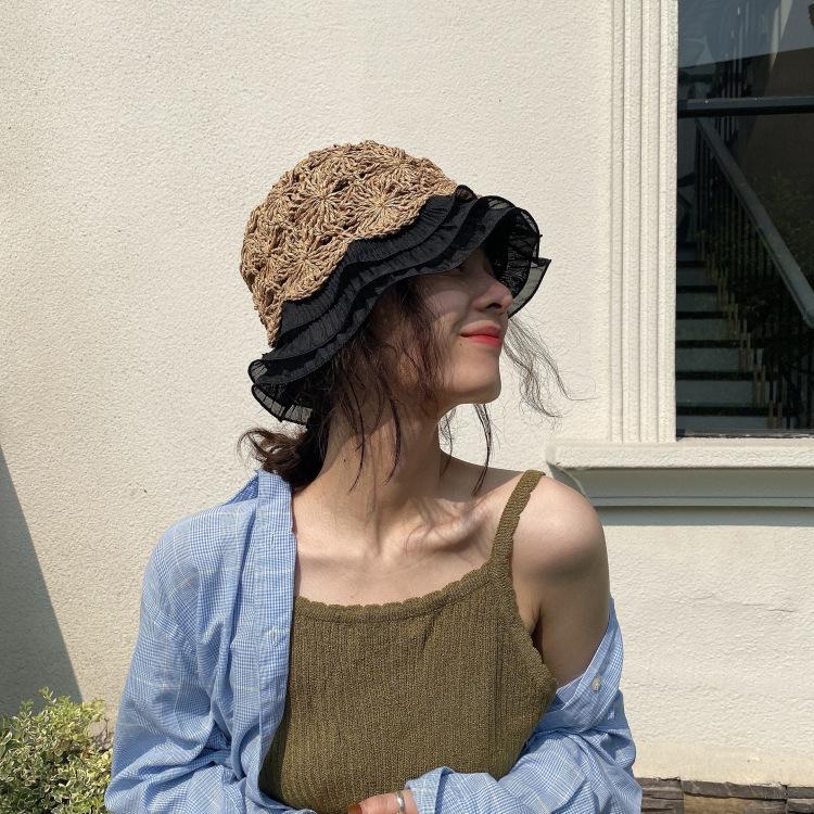 Japanese Hollow Woven Lace Edge Straw Hat Women'S Summer Sweet Versatile Lotus Leaf Edge Bucket Hat Showing Face Small Vacation Pot Hat