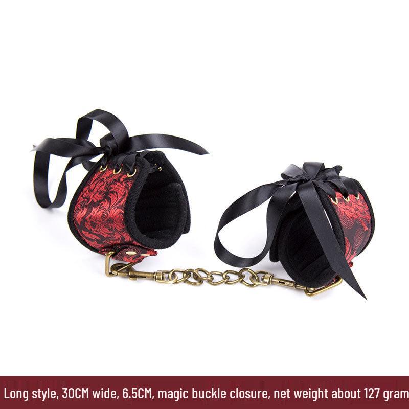 Retro Court Chinese Style Fabric Restraint Set: Foot Cuffs, Gag Ball, Eye Mask, Leash, Collar.