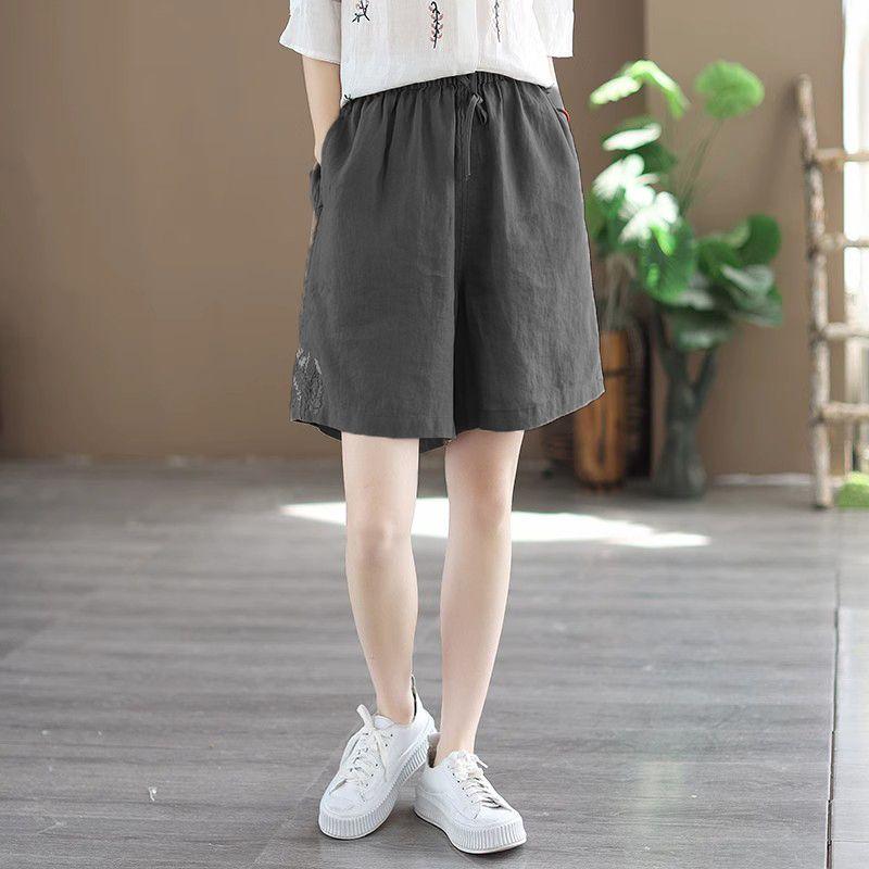 Women's High Waist Embroidered Shorts Breathable Literary Retro Cotton Linen Casual Pants