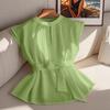 Summer New Women's Classic Elegant Solid Color Sleeveless Belt Pleated Shirt
