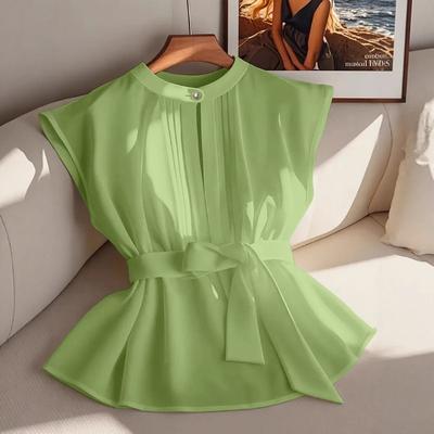 Summer New Women's Classic Elegant Solid Color Sleeveless Belt Pleated Shirt