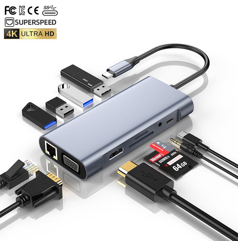 11-in-1 USB3.0 for HDMI Hub with Fast Charge USB-C RJ45 100M SD TF AUDIO3.5mm 4K VGA for 11 1 Hub