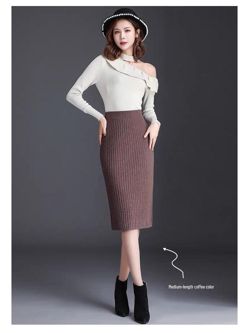

Жіноча вовняна трикотажна спідниця з розрізом із високою талією 2021 року – приталена, довга, товста, осінньо-зимовий стиль L, 65 cm коричневий