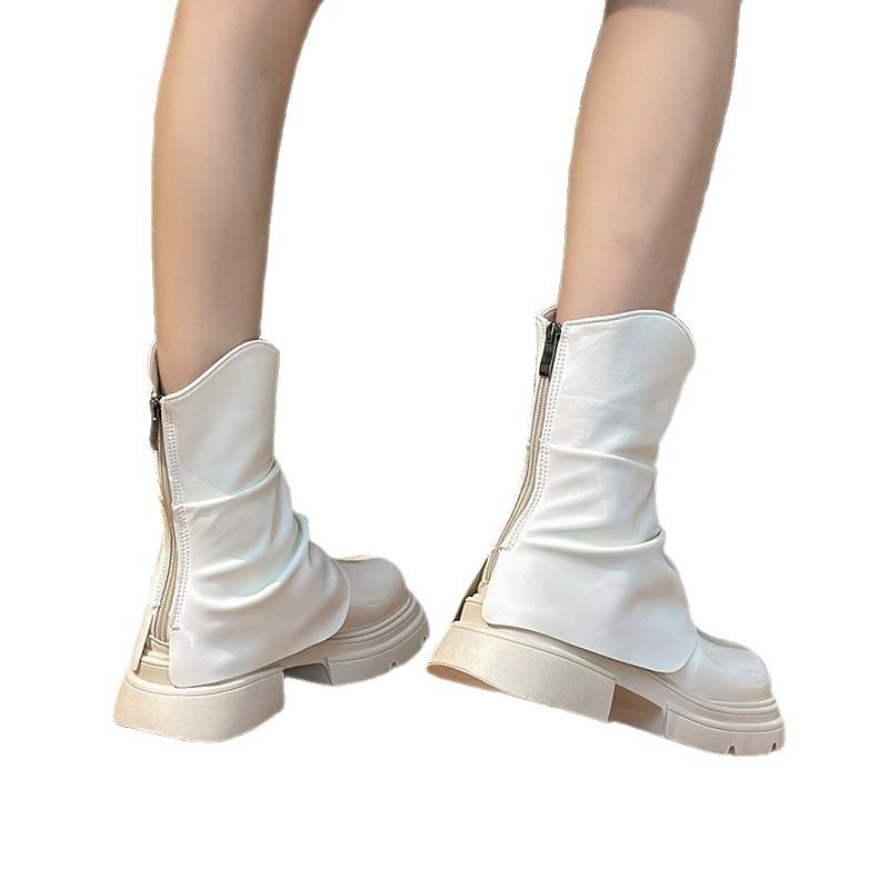 Martin Boots Women's British Style Autumn Popular Autumn and Winter New European and American Thick Bottom Solid Color Round Head Rear Zipper T