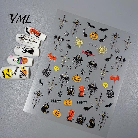 5D Embossed Nail Decals Halloween Art Stickers, Skull Pumpkin Ghost Relief Supplies Decals, Waterproof Self Adhesive Manicure Decoration Stickers