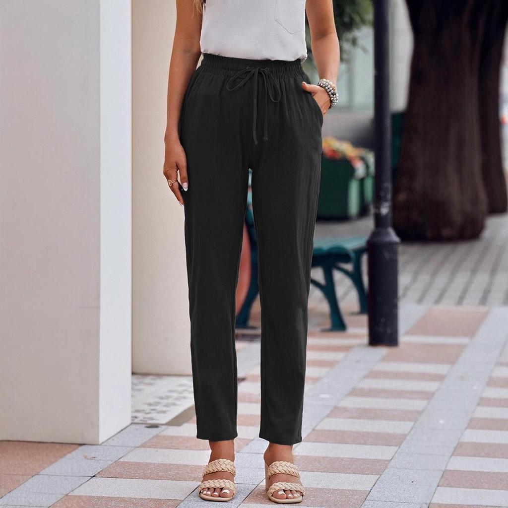 Herbst Damen Baumwoll-Leinen Kordelzug Weitbein Hose