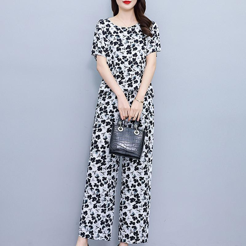 Plus Size Sommer-Vintage-Druck-Hosen-Sets mit weitem Bein, lässig, elegant, lockere Sets für Damen, 2-teilig